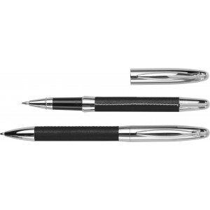 Tollkészlet fekete tollbetéttel, fém, cipzáras tokban, fekete (tollkészlet)