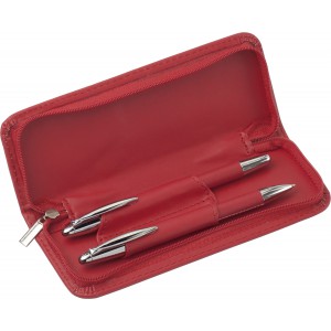 Tollkészlet fekete tollbetéttel, fém, cipzáras tokban, piros (tollkészlet)